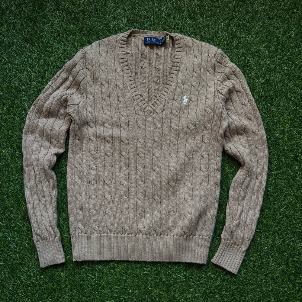 Polo Ralph Lauren Cable Knit V-Neck Sweater Beige Size S